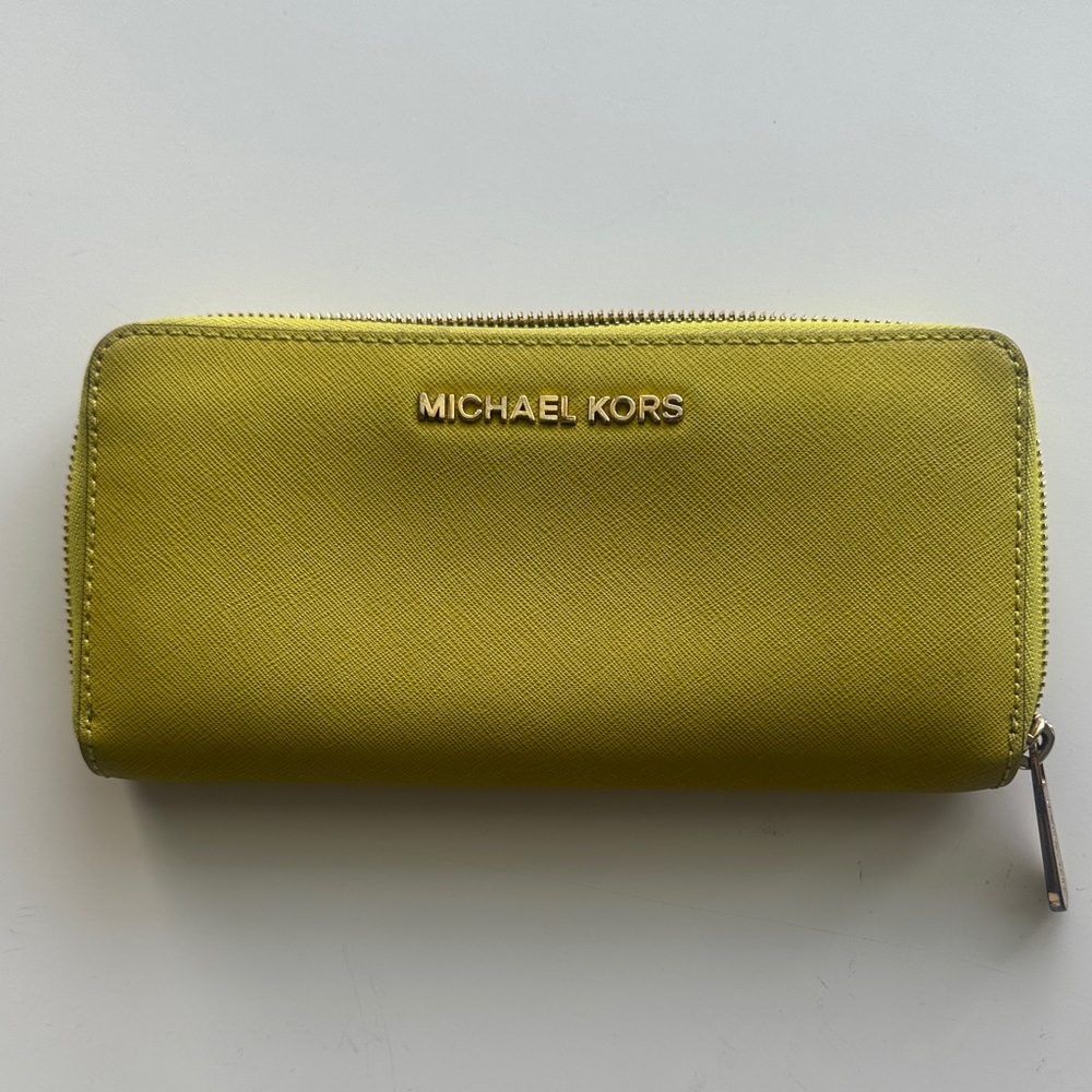 Michael Kors Lime Zip-Around Wallet with Gold Hardware